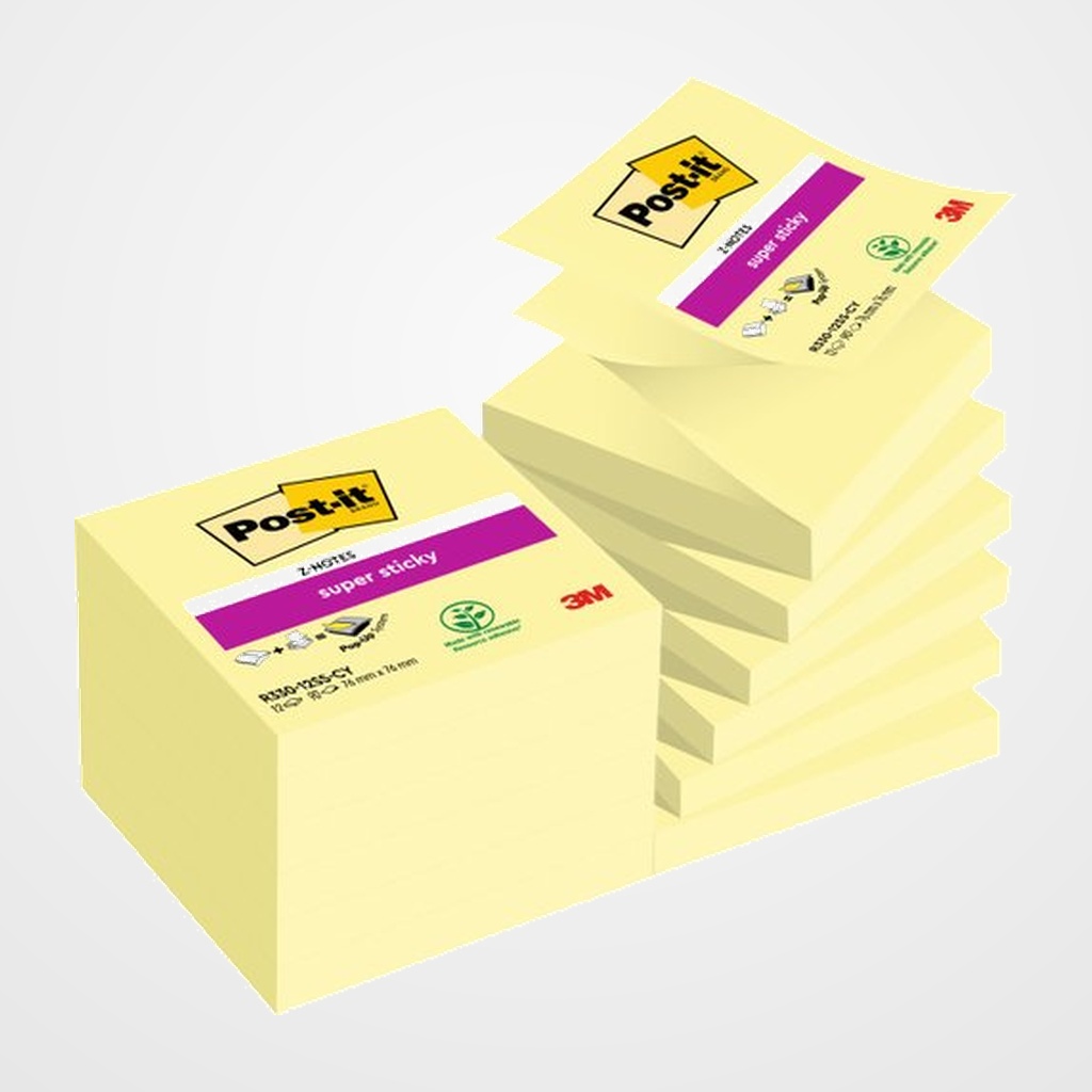 NOTAS ADHESIVAS POST-IT 90h Z NOTES  76x76 (R330) SUPER STICKY AMARILLO CANARIO PACK de 12