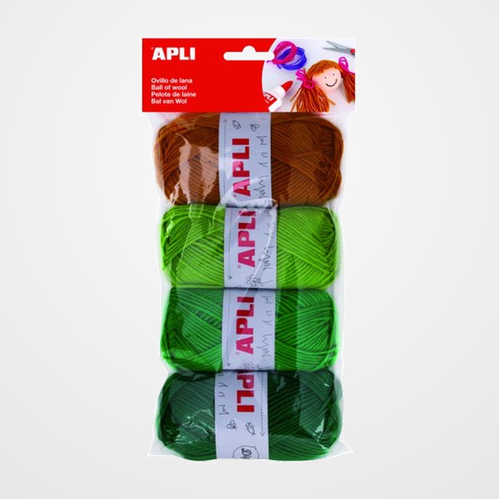 [25213013] OVILLOS DE LANA APLI 50 gr. TONOS VERDES PACK DE 4