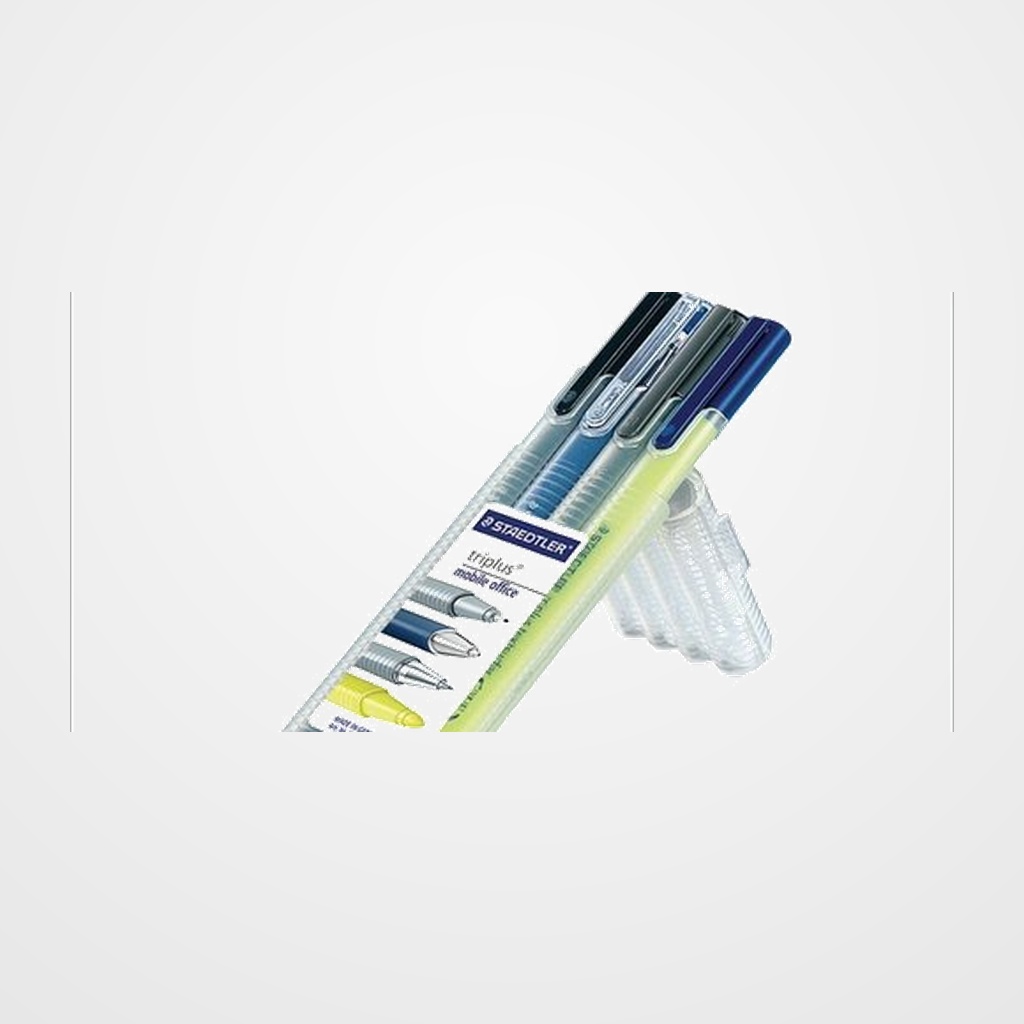 PACK ESCRITURA STAEDTLER TRIPLUS ESTUCHE de 4 contiene: 1 ud. ROTUL . 334 FINELINER NEGRO 1 ud. BOLIG. 431 M AZUL 1 ud. PORTAM. 774 1 ud. FLUOR 362 AMARILLO