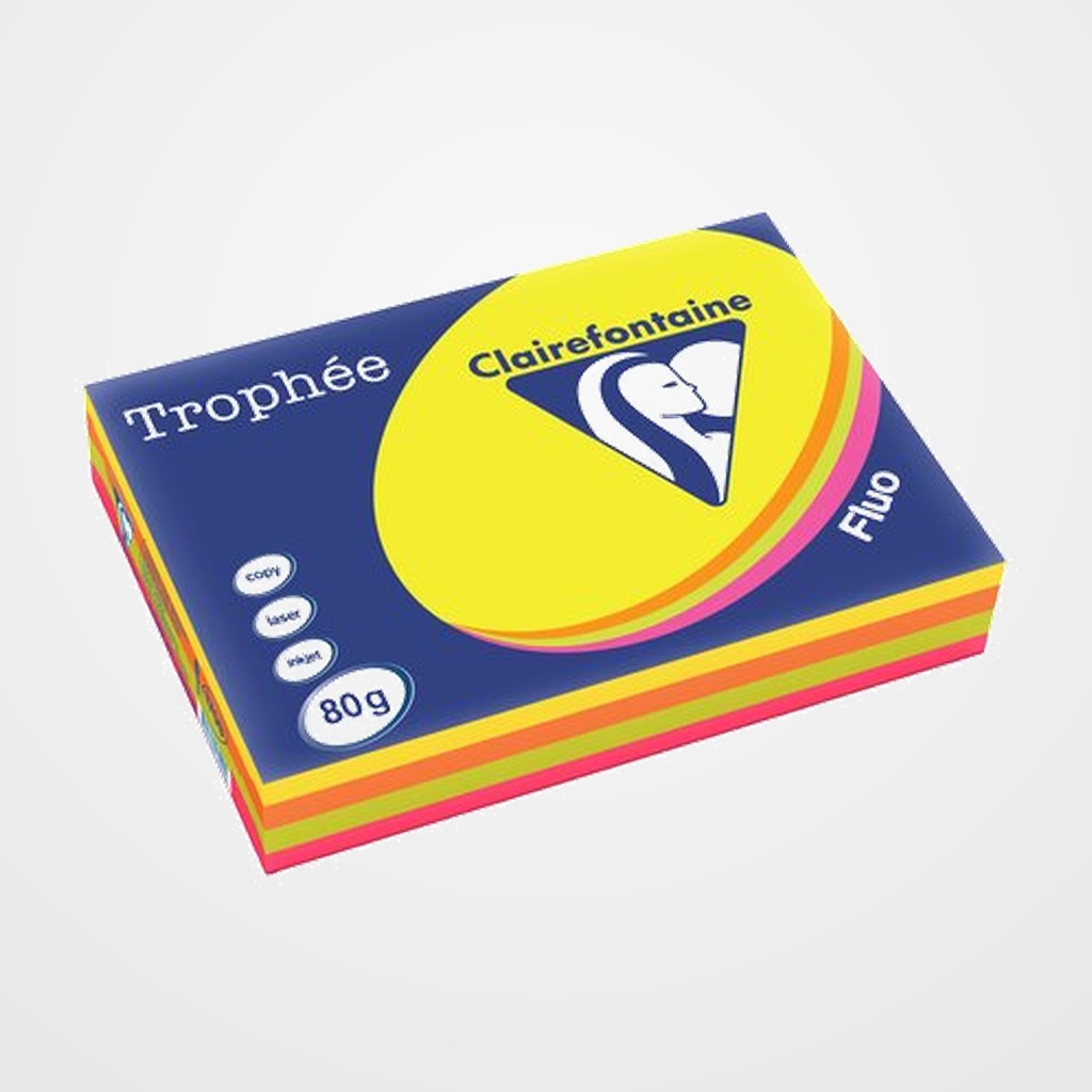 [12701805] PAPEL de COLOR A3 CLAIREFONTAINE TROPHEE 80g 500h SURTIDO FLUOR (4x 125h amarillo, naranja, verde, rosa)