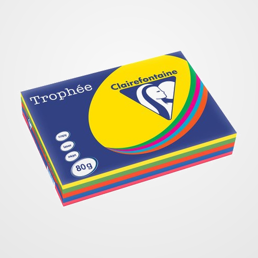 PAPEL de COLOR A3 CLAIREFONTAINE TROPHEE 80g 500h SURTIDO INTENSOS VIVOS
