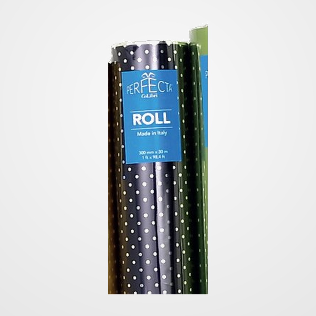 PAPEL de REGALO BOBINA COLIBRI 30 cm x 30 m SIMPLE ESTAMPADO AZUL CON PUNTOS METALIZADO