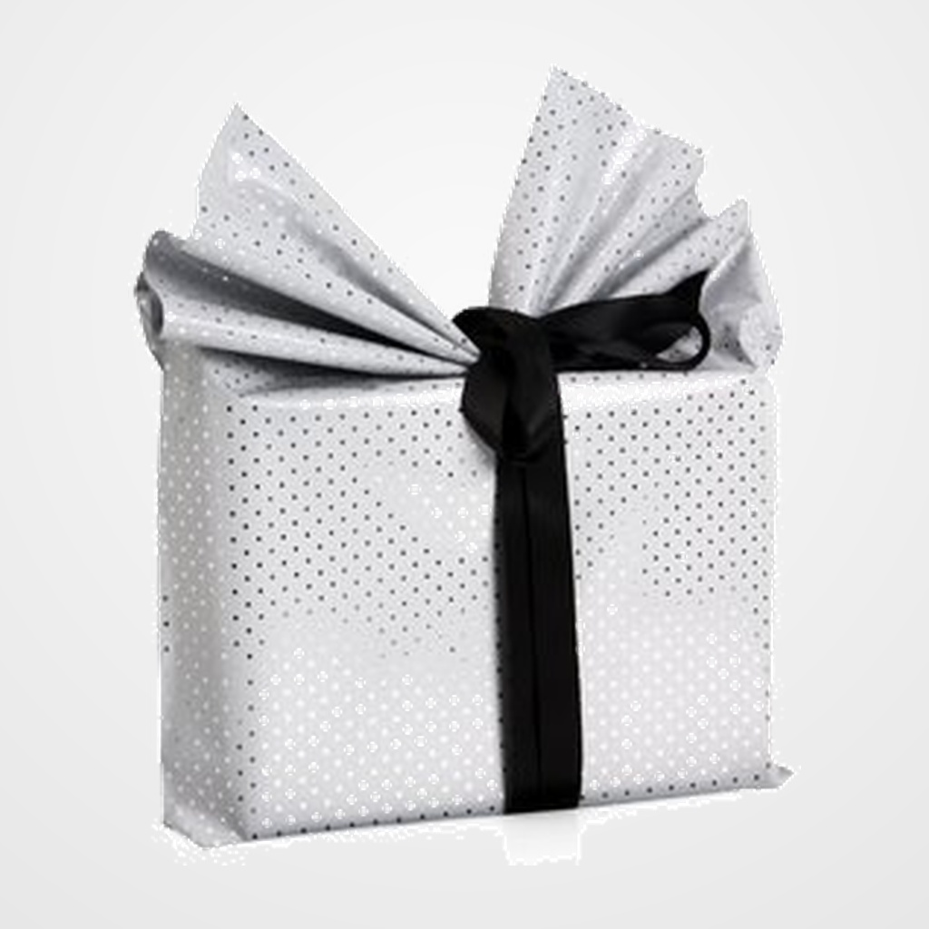 PAPEL de REGALO BOBINA COLIBRI 30 cm x 30 m SIMPLE ESTAMPADO BLANCO CON PUNTOS MATE