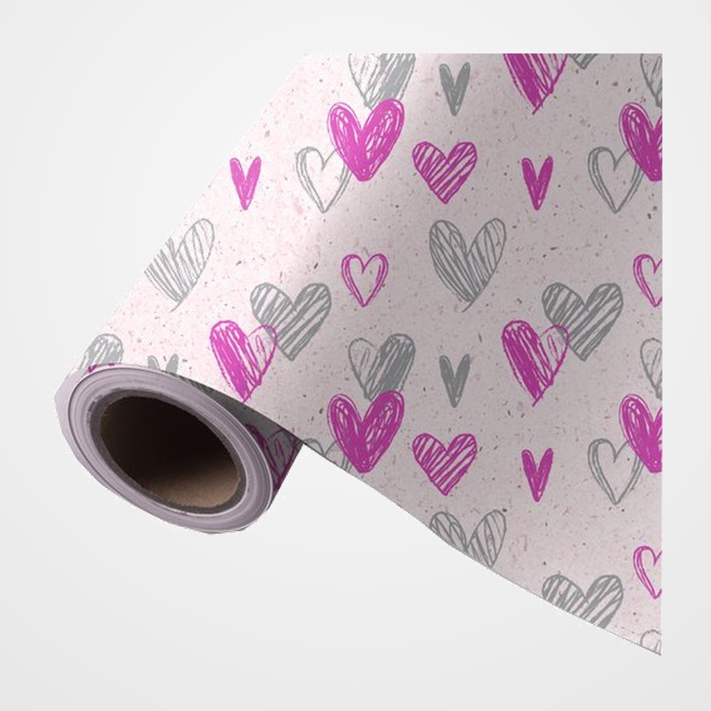 PAPEL de REGALO BOBINA WONDER WRAPPER CAÑA DE AZUCAR  31 cm x 85 m (2 Kg aprox.) TODO AÑO CORAZONES ROSA Y GRIS