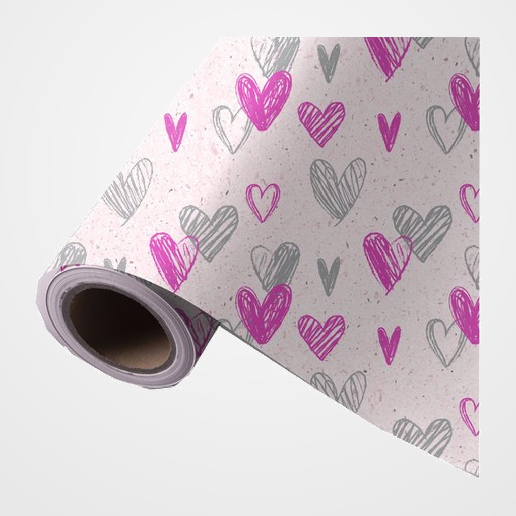 PAPEL de REGALO BOBINA WONDER WRAPPER CAÑA DE AZUCAR  62 cm x 85 m (4 Kg aprox.) TODO AÑO CORAZONES ROSA Y GRIS