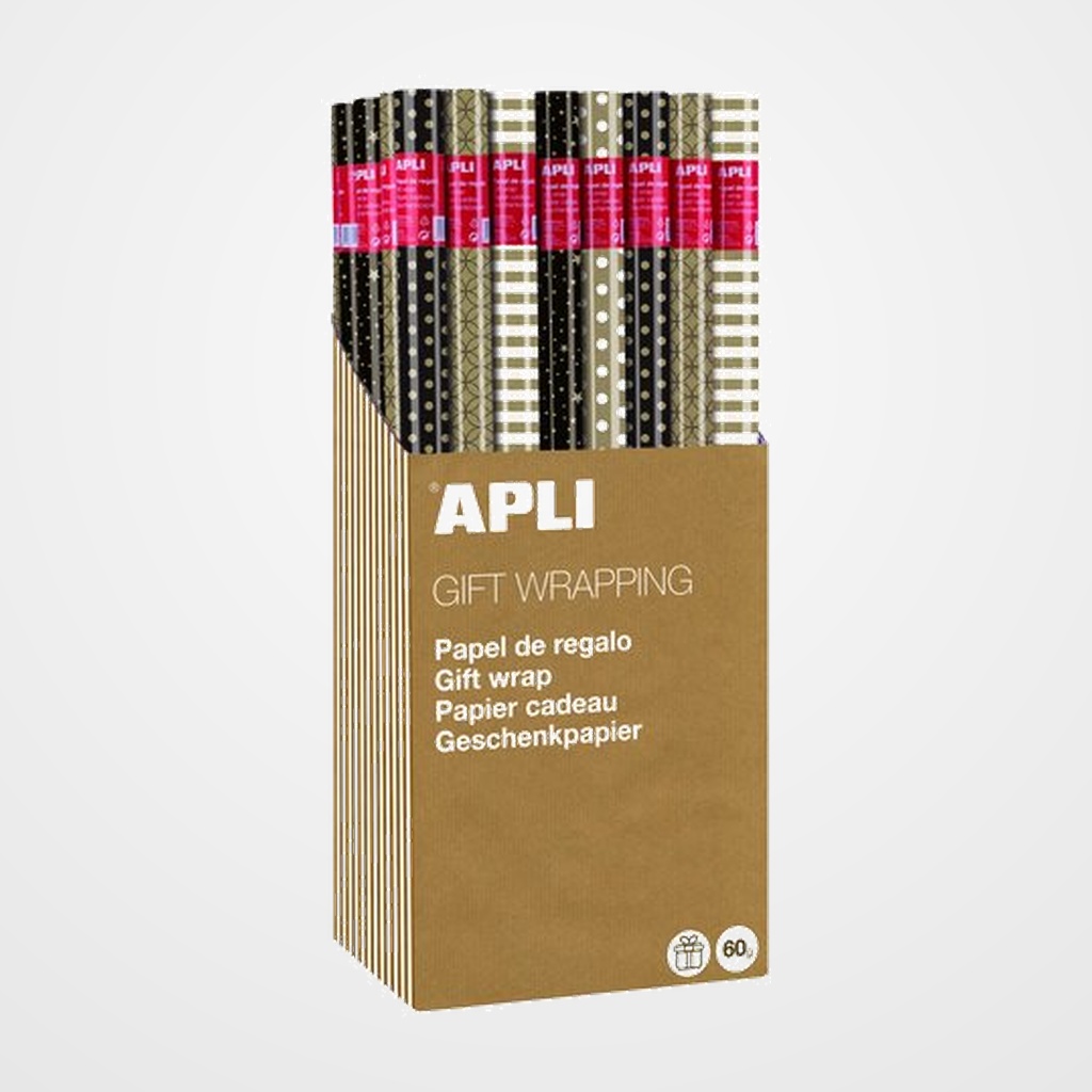 PAPEL de REGALO ROLLO APLI 0,7x2 m (CAJA de 55) KRAFT BLACK & WHITE