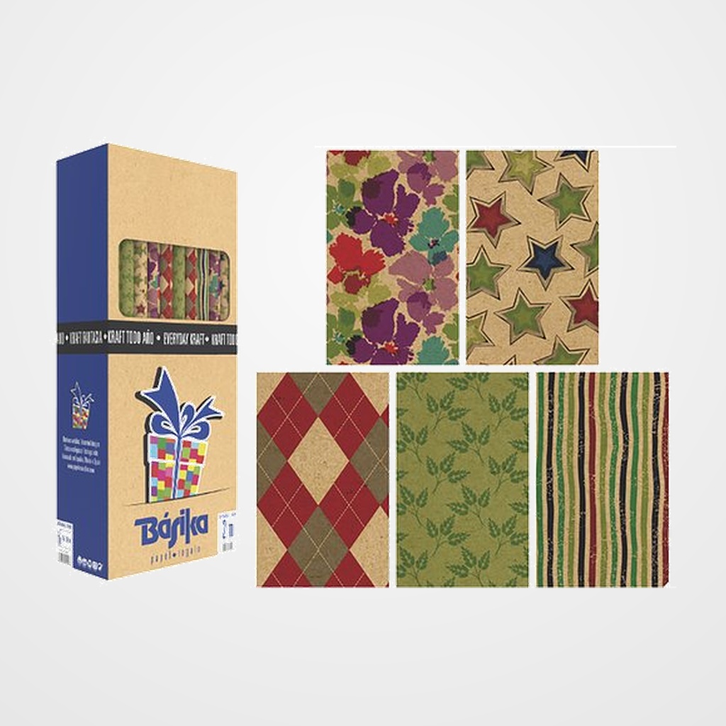 PAPEL de REGALO ROLLO BASIKA 0,7x2 m (CAJA de 50) KRAFT TODO AÑO