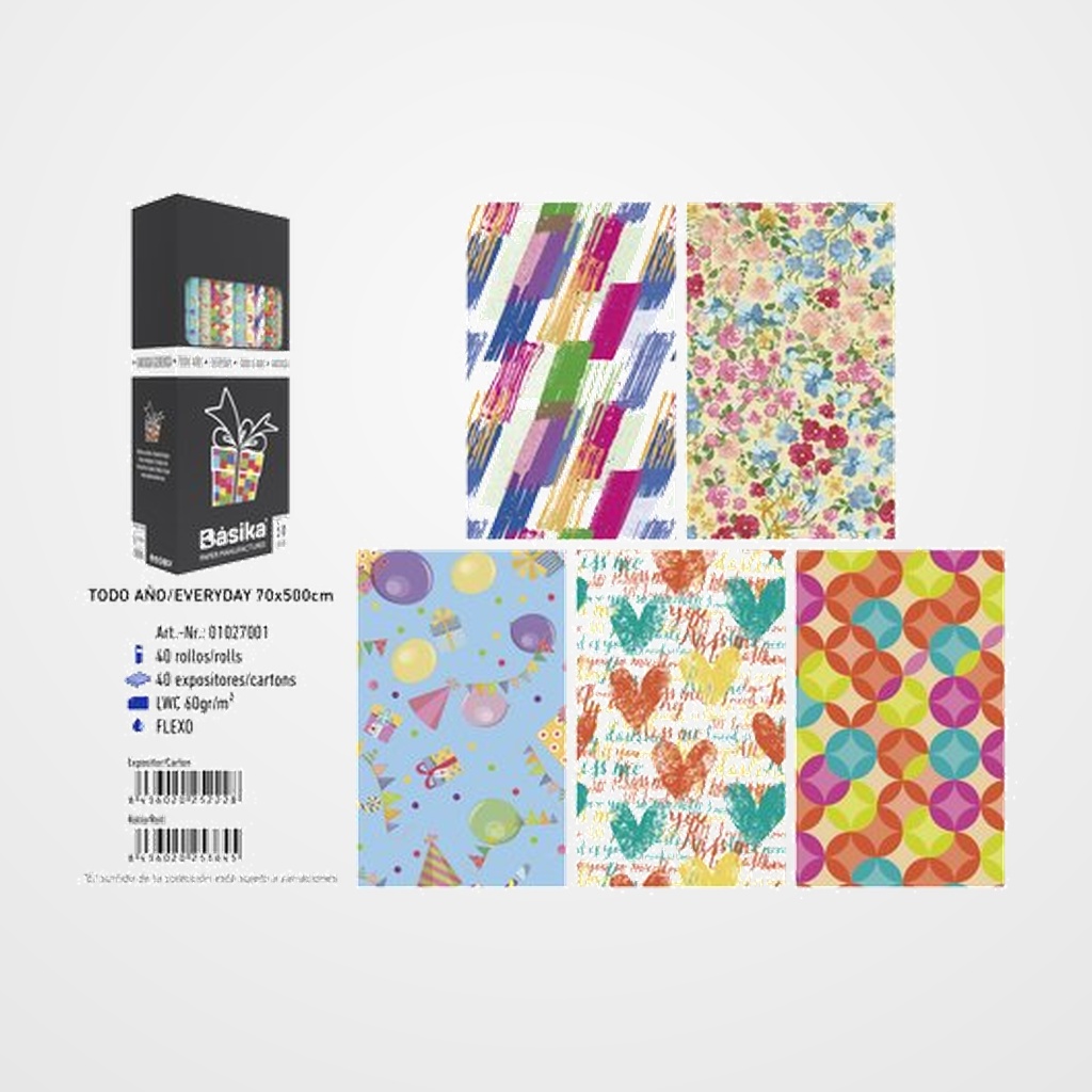 PAPEL de REGALO ROLLO BASIKA 0,7x5 m (CAJA de 40) TODO AÑO