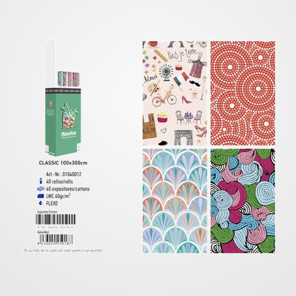 PAPEL de REGALO ROLLO BASIKA 1x3 m (CAJA de 40) CLASSIC