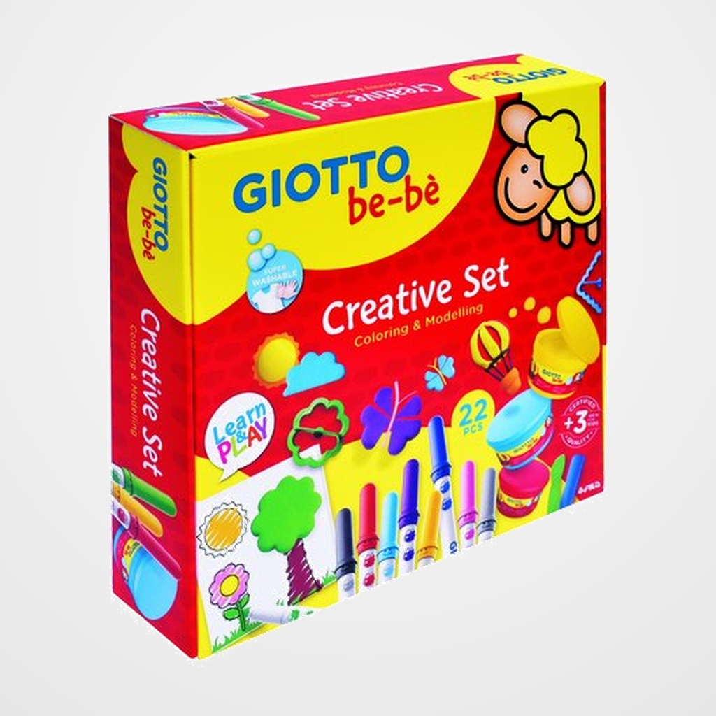 PASTA GIOTTO BEBE CREATIVE SET 1x 100g Giotto be-be Pasta para Jugar Rojo 1x 100g Giotto be-be Pasta para Jugar Amarillo 1x 100g Giotto be-be Pasta para Jugar Azul 1x 50g Giotto be-be Pasta para Jugar Blanco 1x 50g Giotto be-be Pasta para Jugar Negro 12x Giotto be-bè Super Rotuladores 1x Rodillo 1x espátula 2x Maxi moldes 1x Librito para pintar