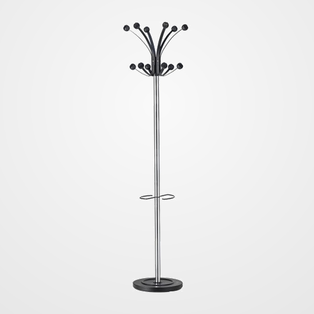 PERCHERO PIE UNILUX HAKEA METALICO 12 BOLAS 176x34 CON PARAGÜERO COLOR NEGRO/PLATEADO