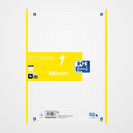 RECAMBIO OXFORD SCHOOL COLOR 1 A4 100h 90gr 4 TALADROS CUADRIC.5x5 LIMA (1 color en banda)