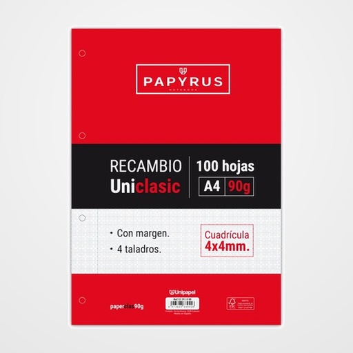 RECAMBIO PAPYRUS UNICLASIC A4 100h 90g 4 TALADROS CUAD.4x4 C/MARGEN