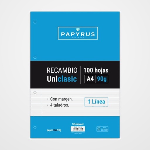 RECAMBIO PAPYRUS UNICLASIC A4 100h 90g 4 TALADROS HORIZONTAL C/MARGEN