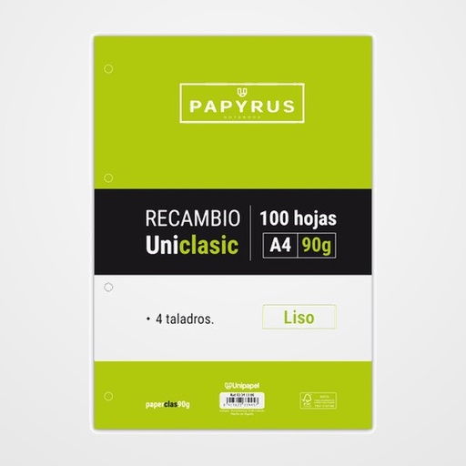 RECAMBIO PAPYRUS UNICLASIC A4 100h 90g 4 TALADROS LISO