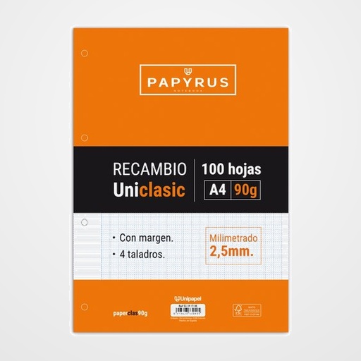 RECAMBIO PAPYRUS UNICLASIC A4 100h 90g 4 TALADROS MILIMETRADO C/MARGEN