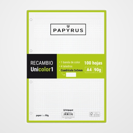 RECAMBIO PAPYRUS UNICOLOR1 A4 100h 90g 4 TALADROS CUAD.5x5 LIMA