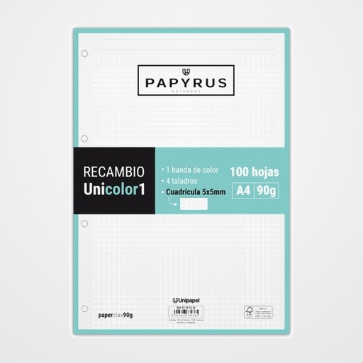 RECAMBIO PAPYRUS UNICOLOR1 A4 100h 90g 4 TALADROS CUAD.5x5 MINT
