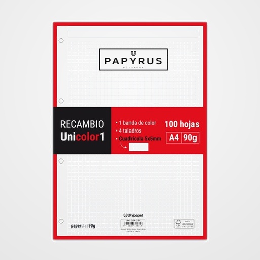 RECAMBIO PAPYRUS UNICOLOR1 A4 100h 90g 4 TALADROS CUAD.5x5 ROJO