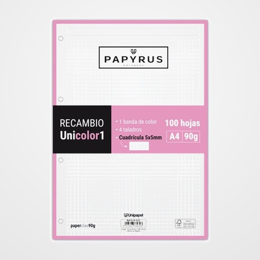 RECAMBIO PAPYRUS UNICOLOR1 A4 100h 90g 4 TALADROS CUAD.5x5 ROSA CLARO