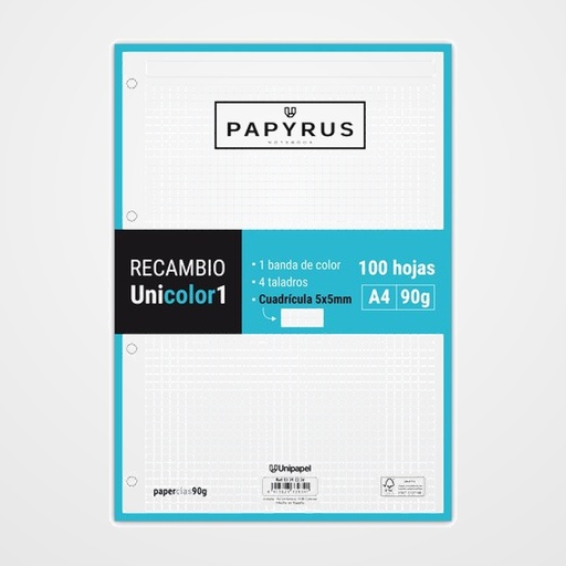 RECAMBIO PAPYRUS UNICOLOR1 A4 100h 90g 4 TALADROS CUAD.5x5 TURQUESA