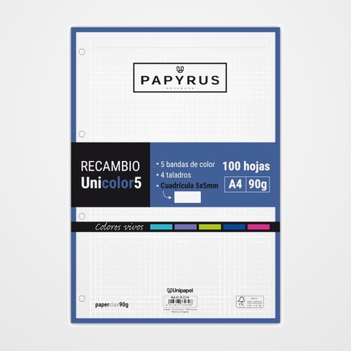 RECAMBIO PAPYRUS UNICOLOR5 A4 100h 90g 4 TALADROS CUAD.5x5 COLORES VIVOS