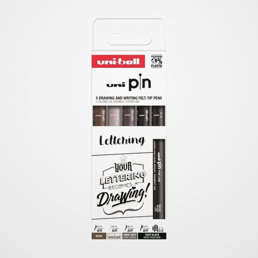 ROTULADOR CALIBRADO UNI-BALL PIN SET 5P LETTERING SURTIDO CAJA DE 5 (Brush negro, Brush gris claro, Brush gris oscuro, Brush sepia y clibrado 0.8)