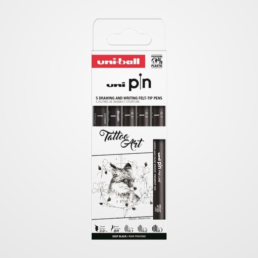 ROTULADOR CALIBRADO UNI-BALL PIN SET 5P TATTOO ART SURTIDO CAJA DE 5 (0.1, 0.2, 0.7, Brush negro y Chisel 3 negro)