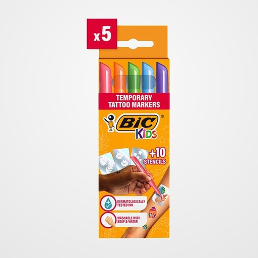 ROTULADOR FIBRA BIC KIDS TEMPORARY TATTO CAJA de 5 (INCLUYE 10 PLANTILLAS)