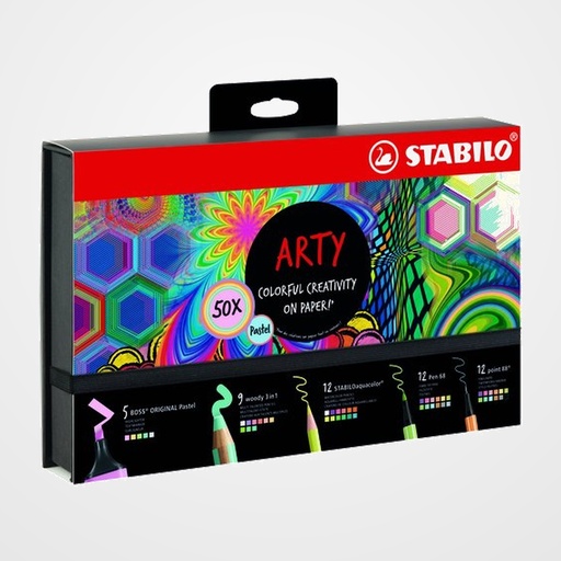 ROTULADOR FIBRA STABILO ARTY LINE PASTEL SET DE 50 (5x Boss Original Pastel, 9x Woody 3 in 1, 12x Pen 68, 12x Point 88, y 12x Aquacolor)