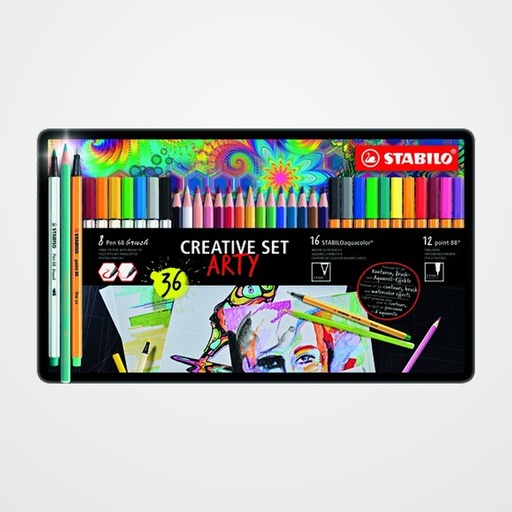 ROTULADOR FIBRA STABILO PEN 68/POINT 88/AQUACOLOR ARTY LINE ESTUCHE METAL DE 36 8x PEN BRUSH 68 12x POINT 88 16x AQUACOLOR
