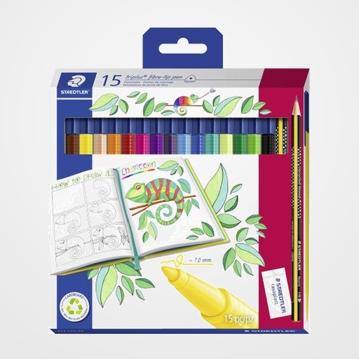 ROTULADOR FIBRA STAEDTLER  323 TRIPLUS COLOR ESTUCHE de 15 (Incluye lapiz 183-HB y goma de borrar 526 B4)