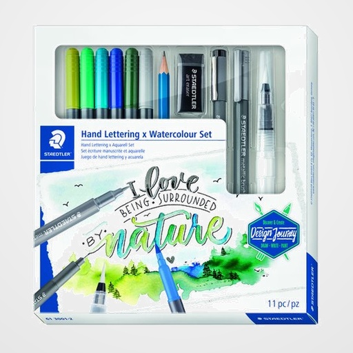 ROTULADOR FIBRA STAEDTLER HAND LETTERING WATERCOLOUR SET DE 11 6x 3001 ROTULADOR ACUARELABLE DOBLE PUNTA 1x 308 05-9 PIGMENT LINER 1x 100-2B LUMOGRAPH 1x MARCADOR METALIZADO 1x 949-M PINCEL 1x 526 B30-9C GOMA DE BORRAR