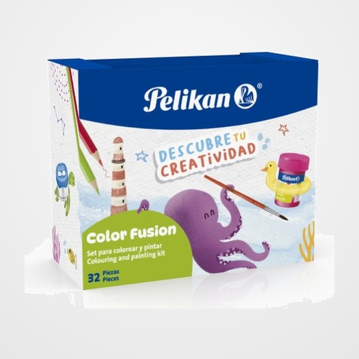 SET DE COLOR PELIKAN FUSION SURTIDO 12x LAPICES COLORES HEXAGONALES 12x ROTUL. COLORELLA STAR  6x TEMPERA 25 ml SURTIDO  1x RECIPIENTE AGUA  1x PINCEL PELO PONY 23 Nº8