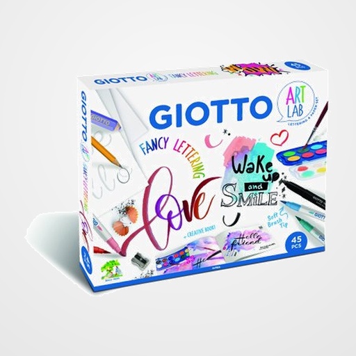 SET JUEGO GIOTTO ART LAB FANCY LETTERING 10x Giotto Turbo Soft Brush 12x Giotto 30mm Giotto Acuarelas 1x Giotto Turbo Maxi color negro 1x Giotto Happy Gomma 1x Lápiz de Grafito 1x Sacapuntas de metal 1 bloc de Canson Lettering de 20 hojas en formato A4 1x Plantilla de letras 1x Libro Creativo