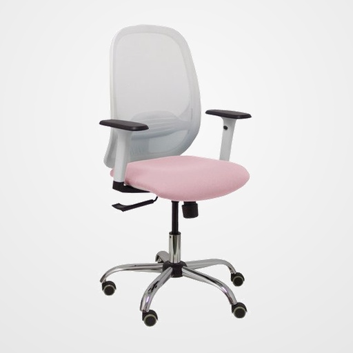 SILLA PIQUERAS Y CRESPO CILANCO BLANCA USO INTENSIVO BRAZOS REGULABLES MECANISMO SINCRO CON REGULADOR DE TENSION REFUERZO LUMBAR REGULABLE BASE CROMADA RUEDAS PARQUET RESPALDO DE MALLA BLANCA Y ASIENTO TAPIZADO BALI ROSA