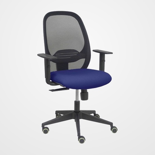 SILLA PIQUERAS Y CRESPO CILANCO NEGRA USO INTENSIVO BRAZOS REGULABLES MECANISMO SINCRO CON REGULADOR DE TENSION REFUERZO LUMBAR REGULABLE RUEDAS PARQUET RESPALDO DE MALLA NEGRA Y ASIENTO TAPIZADO BALI AZUL MARINO
