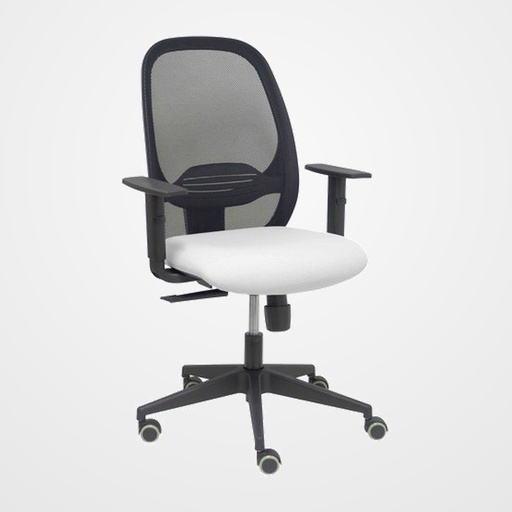 SILLA PIQUERAS Y CRESPO CILANCO NEGRA USO INTENSIVO BRAZOS REGULABLES MECANISMO SINCRO CON REGULADOR DE TENSION REFUERZO LUMBAR REGULABLE RUEDAS PARQUET RESPALDO DE MALLA NEGRA Y ASIENTO TAPIZADO BALI BLANCO