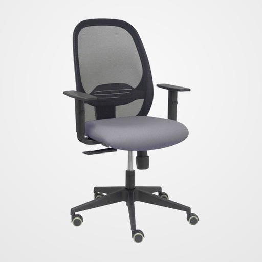 SILLA PIQUERAS Y CRESPO CILANCO NEGRA USO INTENSIVO BRAZOS REGULABLES MECANISMO SINCRO CON REGULADOR DE TENSION REFUERZO LUMBAR REGULABLE RUEDAS PARQUET RESPALDO DE MALLA NEGRA Y ASIENTO TAPIZADO BALI GRIS
