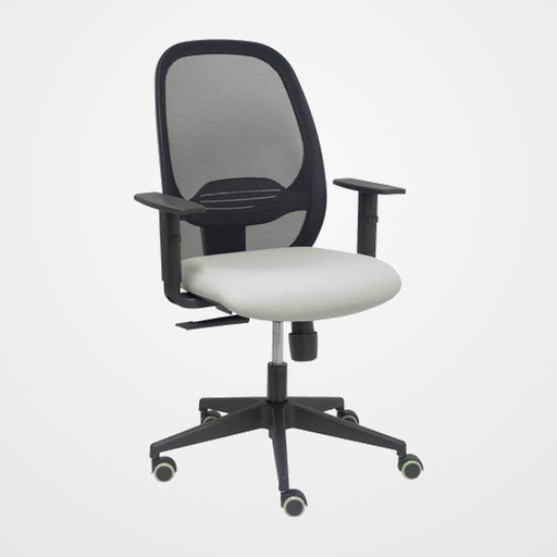 SILLA PIQUERAS Y CRESPO CILANCO NEGRA USO INTENSIVO BRAZOS REGULABLES MECANISMO SINCRO CON REGULADOR DE TENSION REFUERZO LUMBAR REGULABLE RUEDAS PARQUET RESPALDO DE MALLA NEGRA Y ASIENTO TAPIZADO BALI GRIS CLARO