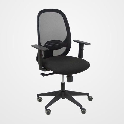 SILLA PIQUERAS Y CRESPO CILANCO NEGRA USO INTENSIVO BRAZOS REGULABLES MECANISMO SINCRO CON REGULADOR DE TENSION REFUERZO LUMBAR REGULABLE RUEDAS PARQUET RESPALDO DE MALLA NEGRA Y ASIENTO TAPIZADO BALI NEGRO