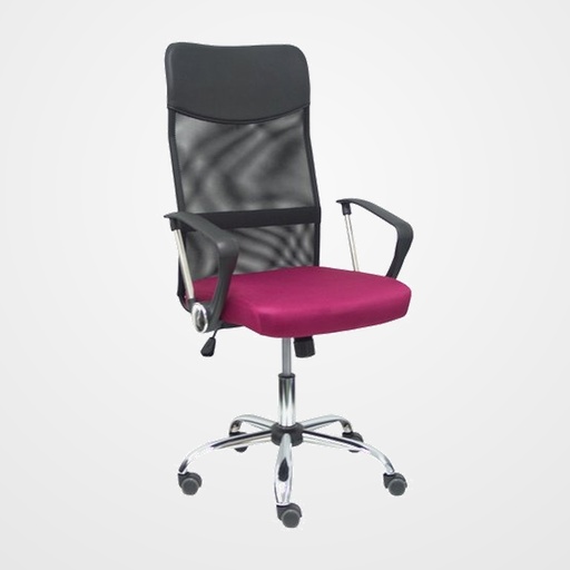 SILLA PIQUERAS Y CRESPO GONTAR DIRECCION BRAZOS FIJOS MECANISMO BASCULANTE REGULABLE EN ALTURA BASE CROMADA RUEDAS PARQUET RESPALDO MALLA TRANSPIRABLE NEGRA Y ASIENTO TAPIZADO MALLA GRANATE