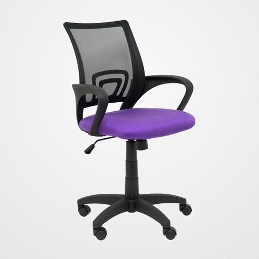 SILLA PIQUERAS Y CRESPO VIANOS BRAZOS FIJOS MECANISMO BASCULANTE CON REGULADOR DE PRESION ELEVACION DEL ASIENTO EN ALTURA RUEDAS NYLON RESPALDO MALLA TRANSPIRABLE NEGRA Y TAPIZADO BALI LILA
