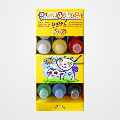 TEMPERA PLAYCOLOR LIQÜID GLITTER LIQUIDA 250 ml (botella) SURTIDO EXPOSITOR DE 18