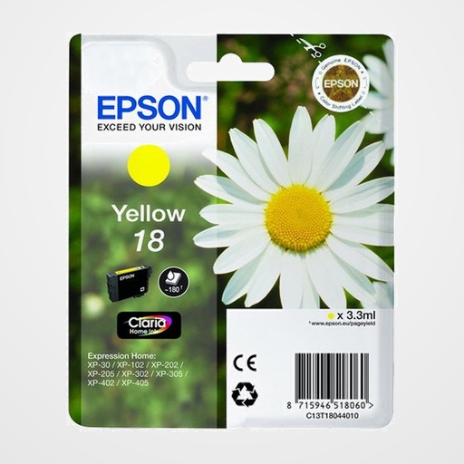 CARTUCHO INKJET EPSON T180440 Nº18 EXPRESSION HOME XP102/205/305/405 AMARILLO 3,3 ml