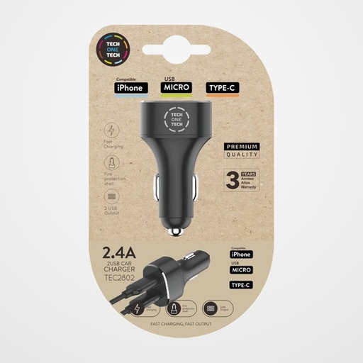 CARGADOR TECH-ONE-TECH DOBLE MECHERO COCHE 2xUSB NEGRO ALTO RENDIMIENTO 2,4A