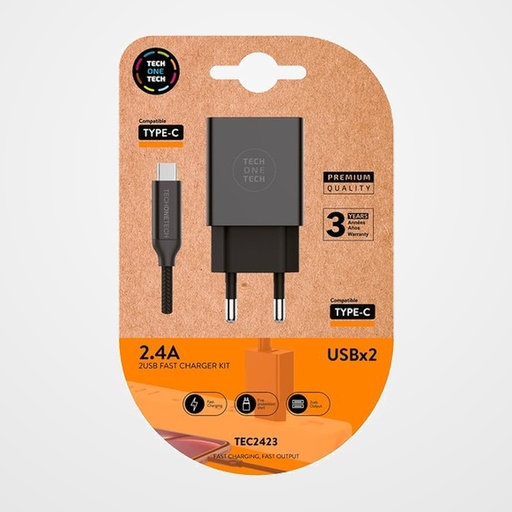 CARGADOR TECH-ONE-TECH DOBLE PARED NEGRO + CABLE USB-USB-C ALTO RENDIMIENTO 2,4A