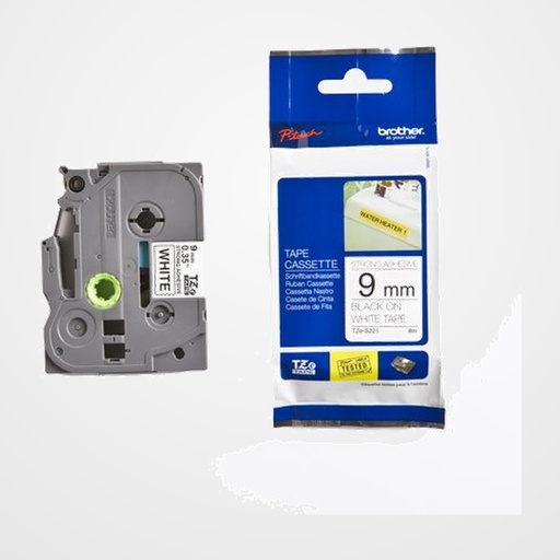 CINTA de ROTULAR BROTHER LAMINADA SUPER ADHESIVA 8m 9mm NEGRO sobre BLANCO
