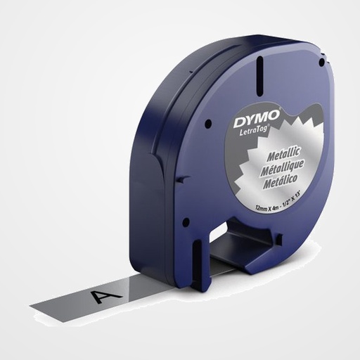 CINTA de ROTULAR DYMO LETRATAG PLASTICO METALIZADA 4m 12mm NEGRO sobre PLATA (91208)