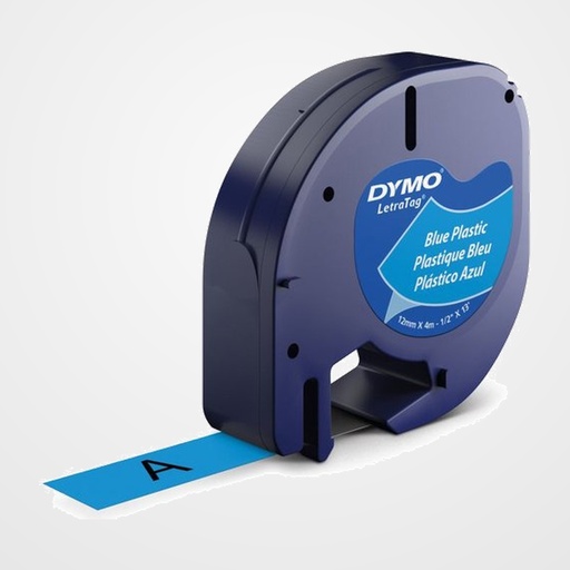 CINTA de ROTULAR DYMO LETRATAG PLASTICO 4m 12mm NEGRO sobre AZUL (91205)